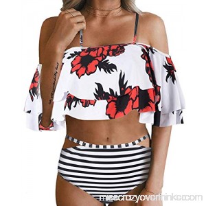 HelloTem Women Retro Two Pieces Off Shoulder Flounce Swimwear Ruffled High Waist Strapless Swimsuit White Flower B07MQ4XKB9